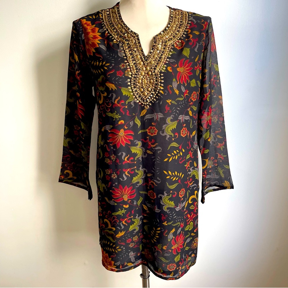 Biba Silk Chiffon Indian Kurta Sequin Floral Black Red Green Gold Size 38 Medium
